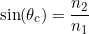 \[\sin(\theta_c) = \frac{n_2}{n_1}\]