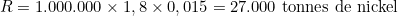 \[R = 1.000.000 \times 1,8 \times 0,015 = 27.000 \text{ tonnes de nickel}\]