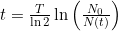 t = \frac{T}{\ln 2} \ln\left(\frac{N_0}{N(t)}\right)