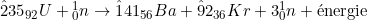 \^{235}_{92}U + {}^1_0n \rightarrow \^{141}_{56}Ba + \^{92}_{36}Kr + 3{}^1_0n + \text{énergie}