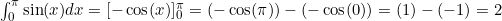\int_0^\pi \sin(x) dx = [-\cos(x)]_0^\pi = (-\cos(\pi)) - (-\cos(0)) = (1) - (-1) = 2