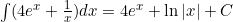\int (4e^x + \frac{1}{x}) dx = 4e^x + \ln|x| + C