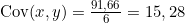 \text{Cov}(x,y) = \frac{91,66}{6} = 15,28