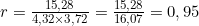 r = \frac{15,28}{4,32 \times 3,72} = \frac{15,28}{16,07} = 0,95